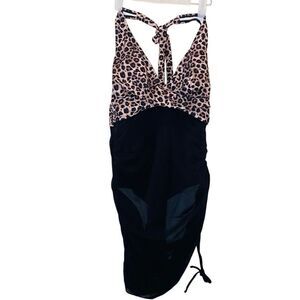 Cupshe Leopard Print Plunge Halter Neck Ruched Swim Dress Black Tan Size Large
